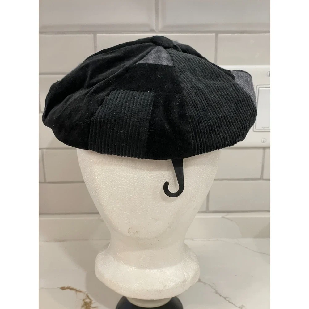 Vintage Y2K Patchwork Newsboy Hat Cap Women Corduroy Tweed Black Wool Cotton New